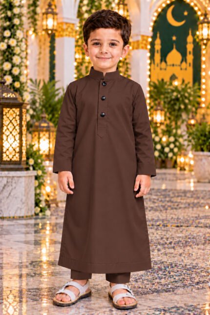 Isliba Brown Thobe for Boys | Full Sleeve Islamic Jubba for Kids | Traditional Muslim Wear for Eid & Ramadan
